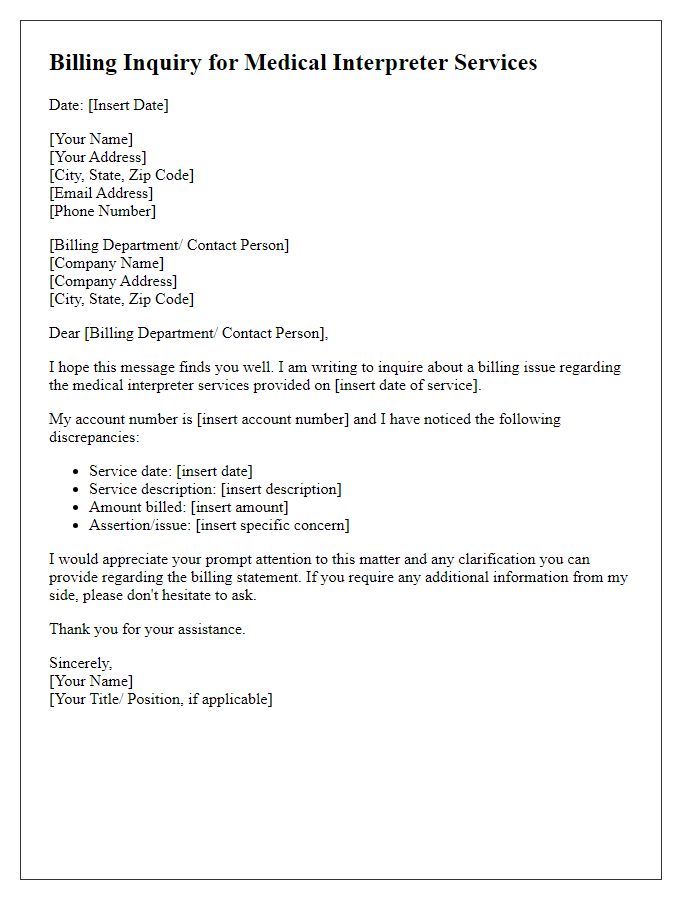 Letter template of billing question for medical interpreter services.