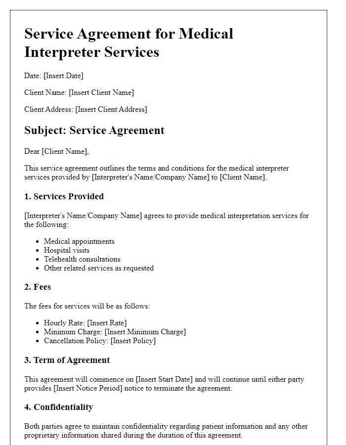 Letter template of service agreement for medical interpreter services.