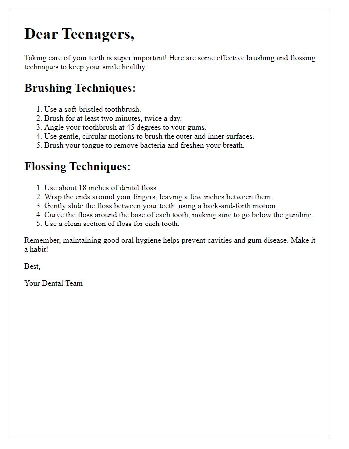 Letter template of brushing and flossing techniques for teenagers