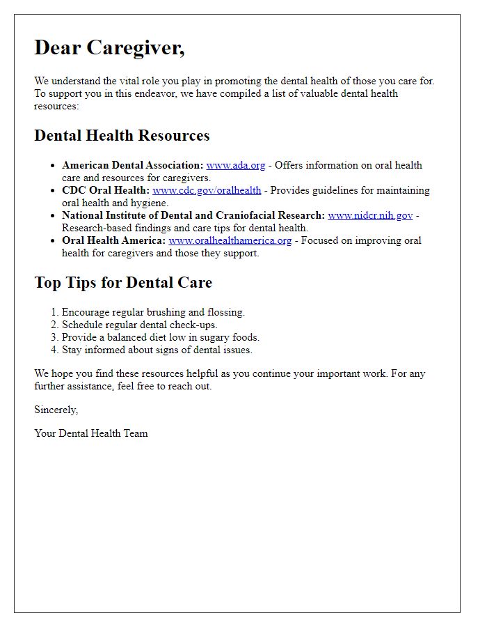 Letter template of dental health resources for caregivers