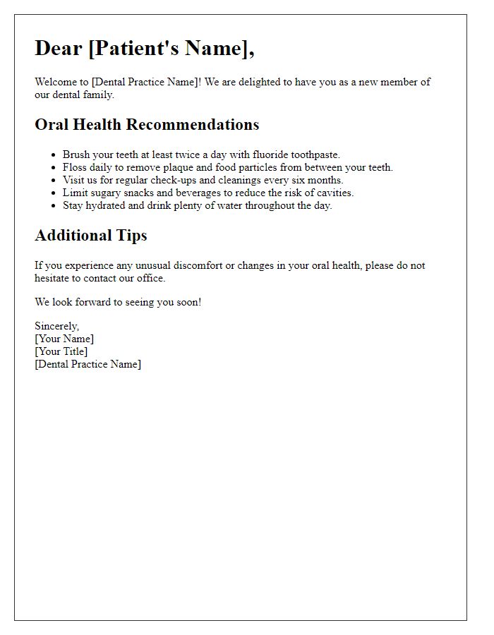 Letter template of oral health recommendations for new patients