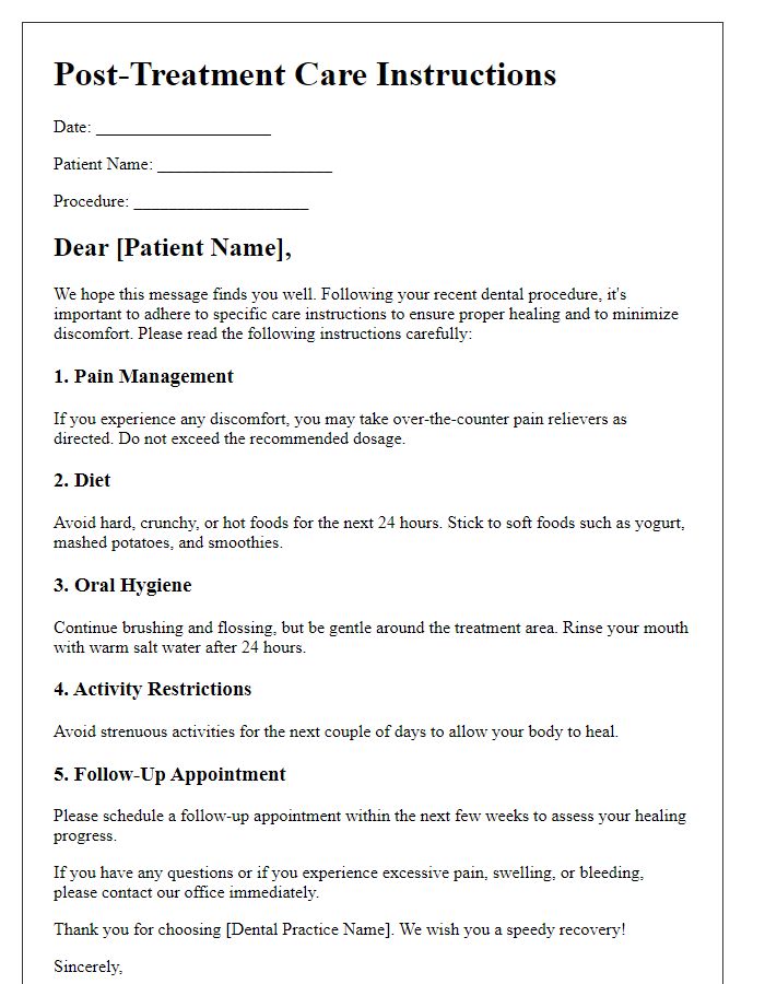 Letter template of post-treatment care instructions for dental procedures