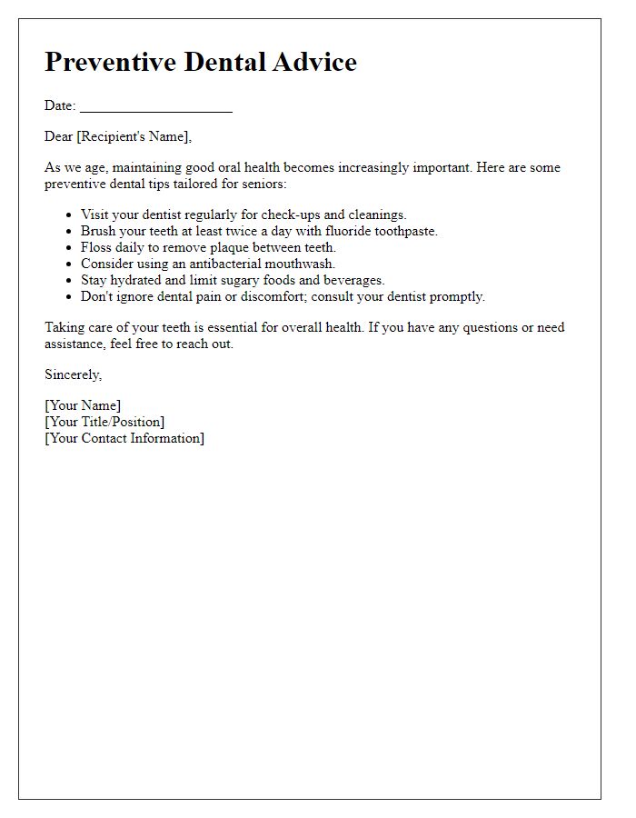 Letter template of preventive dental advice for seniors