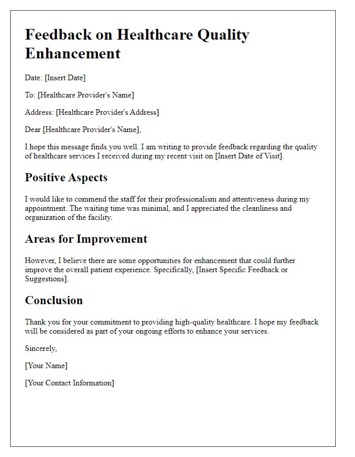 Letter template of healthcare quality enhancement feedback