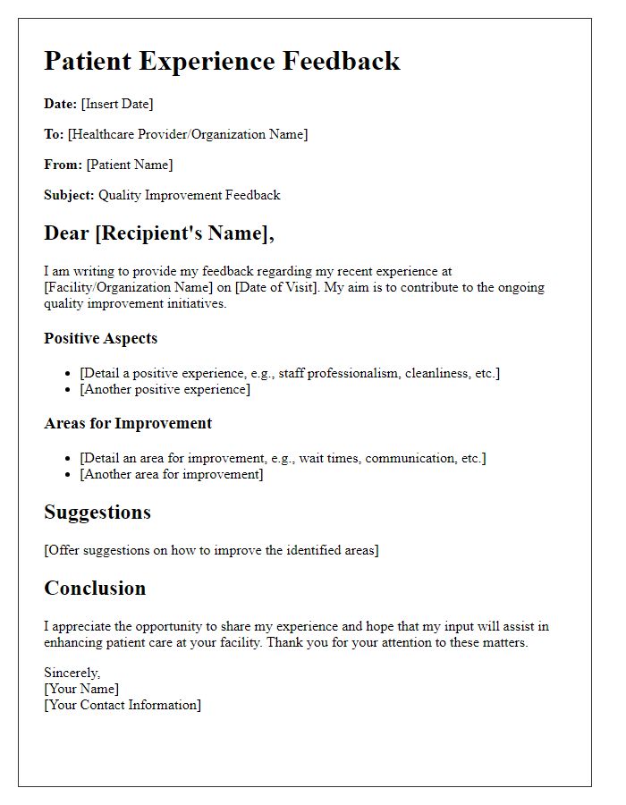 Letter template of patient experience quality improvement input