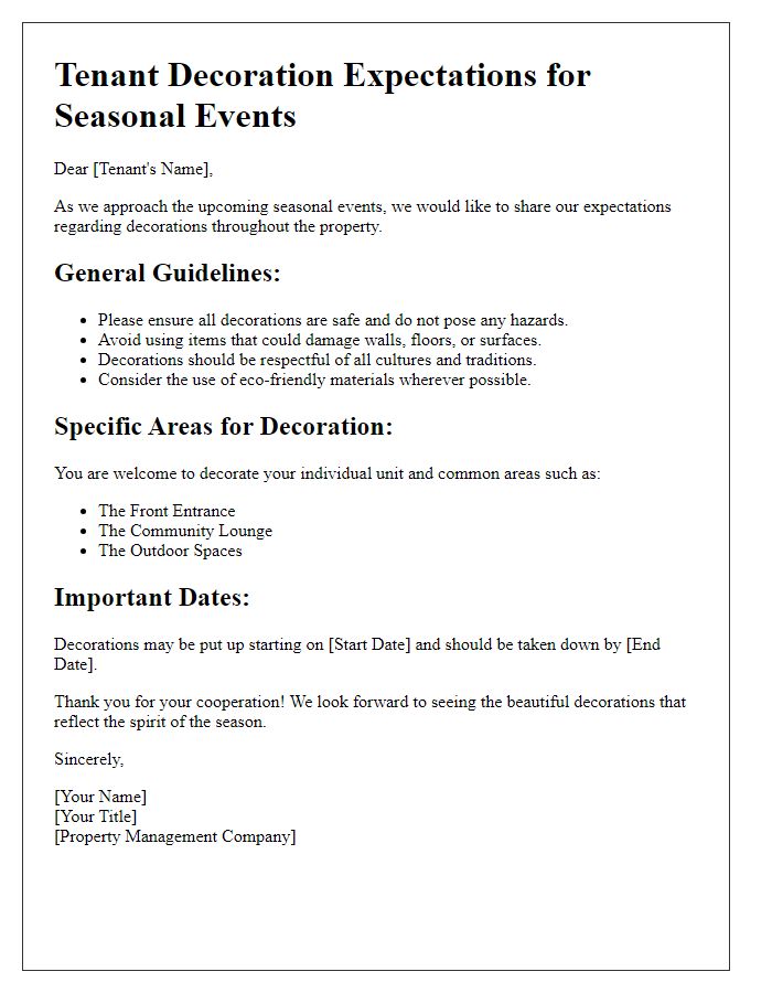 Letter template of tenant decoration expectations for seasonal events