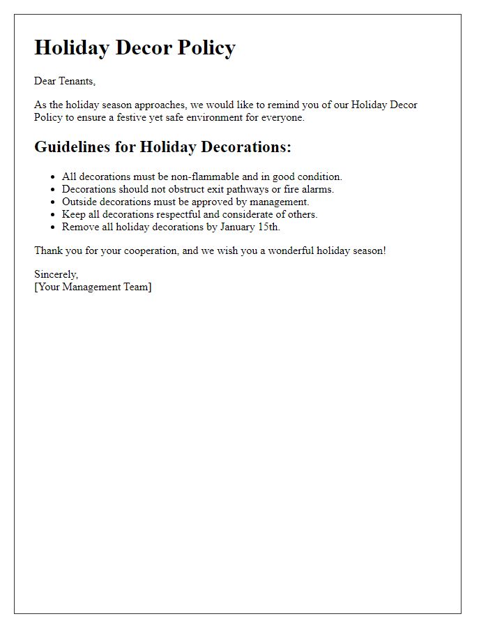 Letter template of tenant holiday decor policy