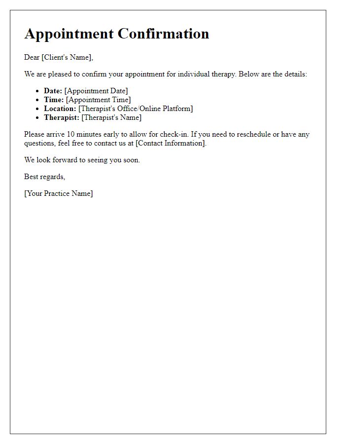 Letter template of individual therapy session appointment confirmation