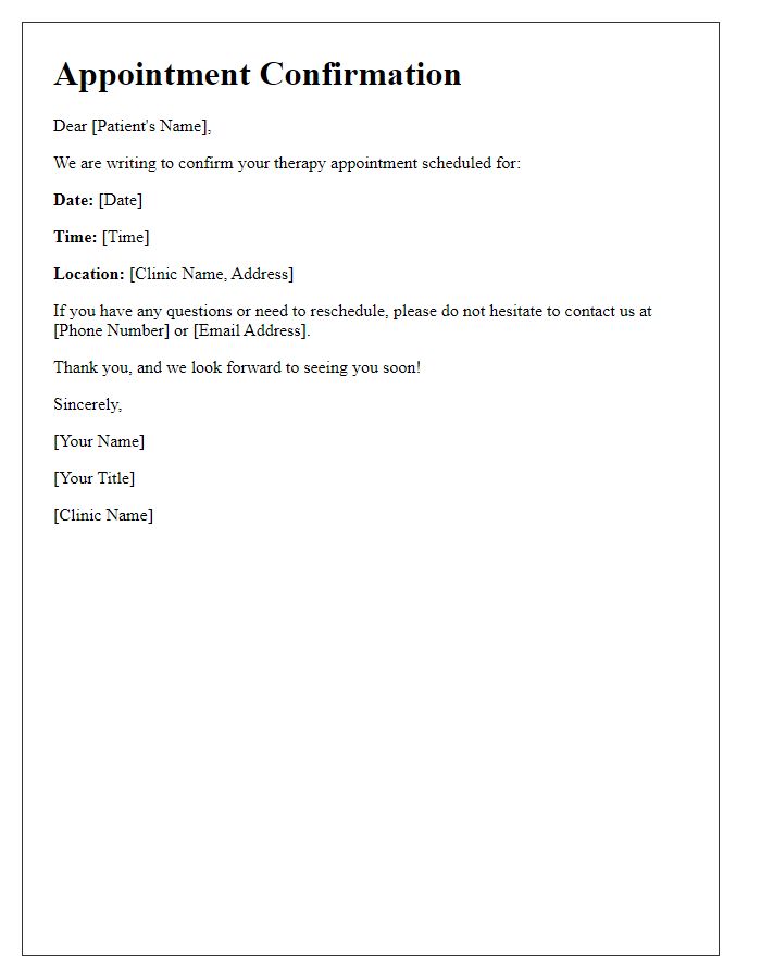 Letter template of patient therapy appointment confirmation