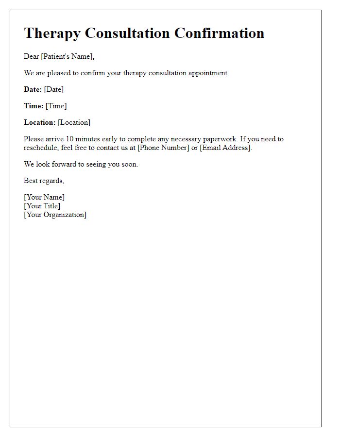 Letter template of patient therapy consultation confirmation