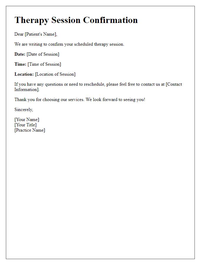 Letter template of scheduled therapy session confirmation for patient