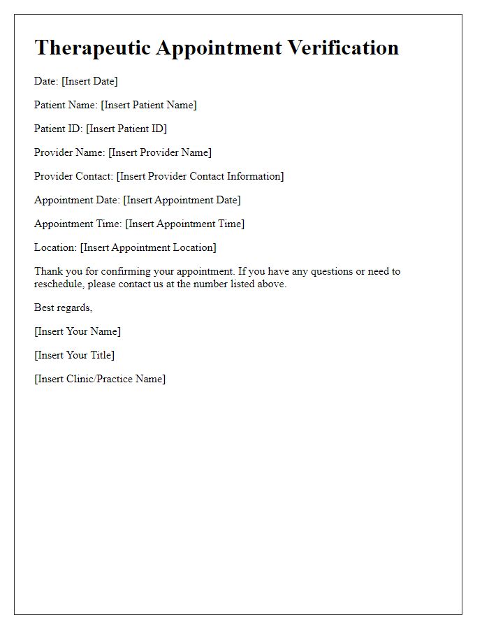 Letter template of therapeutic appointment verification for patient