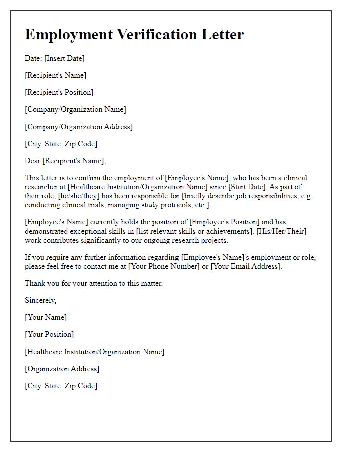 Letter template of healthcare employment verification for clinical researchers.