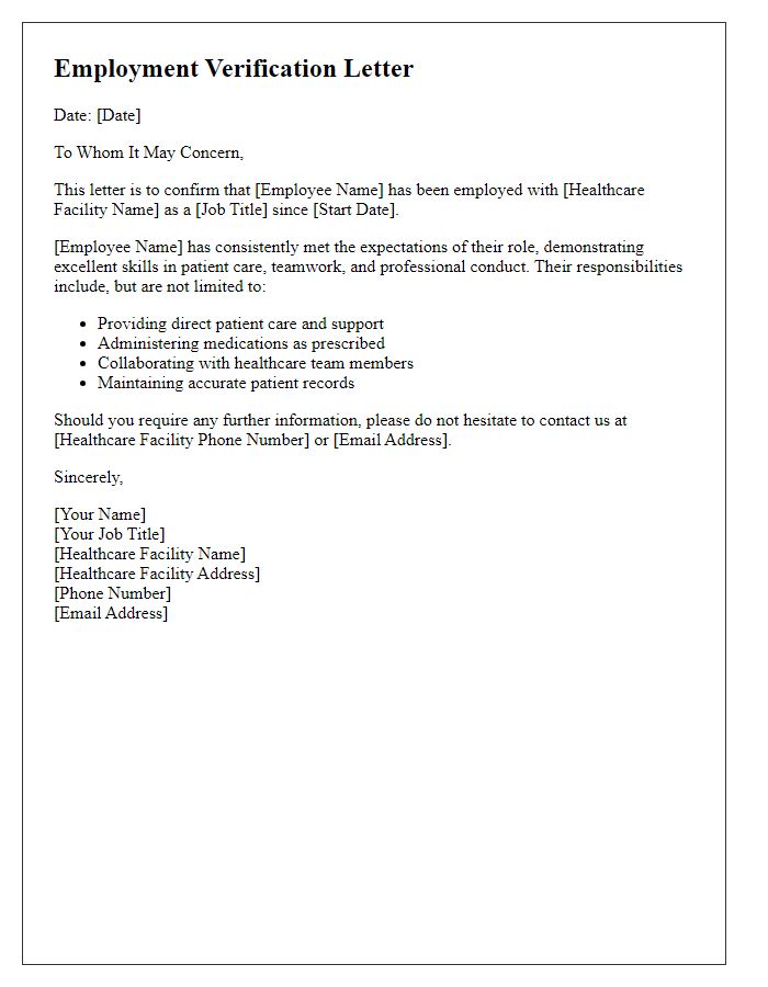 Letter template of healthcare employment verification for nursing staff.