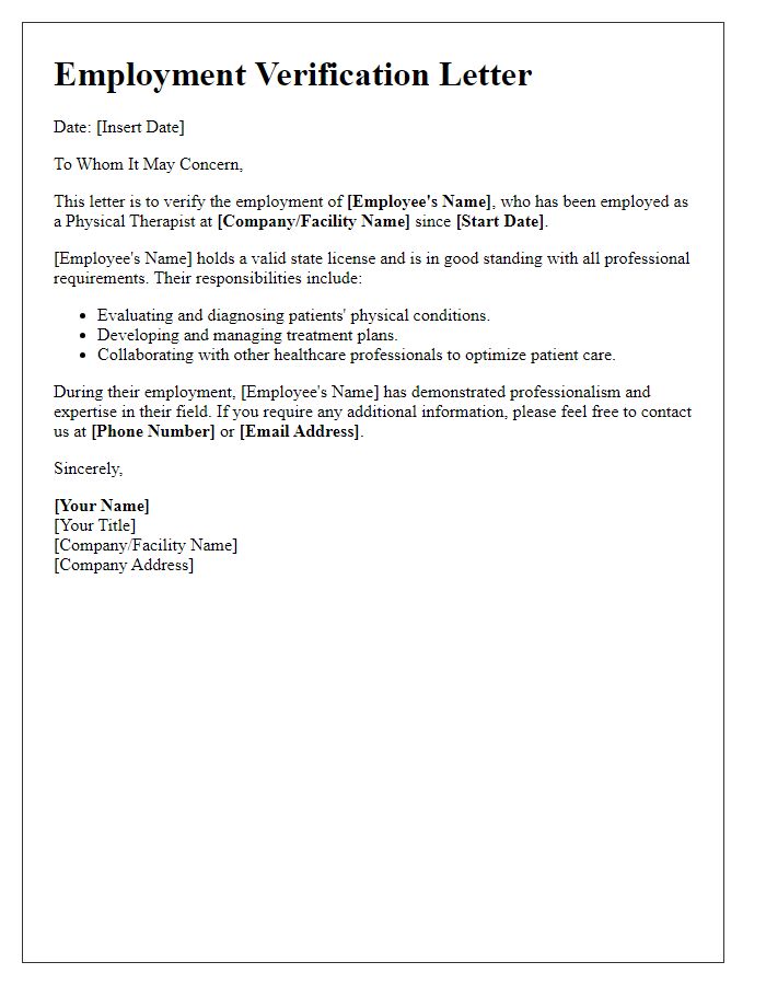 Letter template of healthcare employment verification for physical therapists.