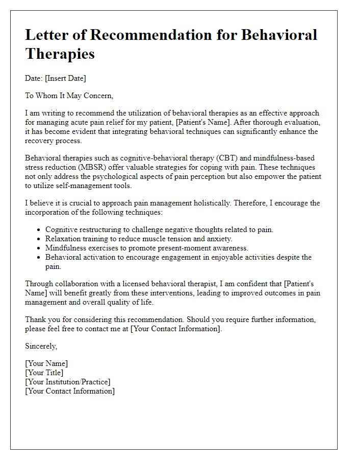 Letter template of behavioral therapies for acute pain relief.