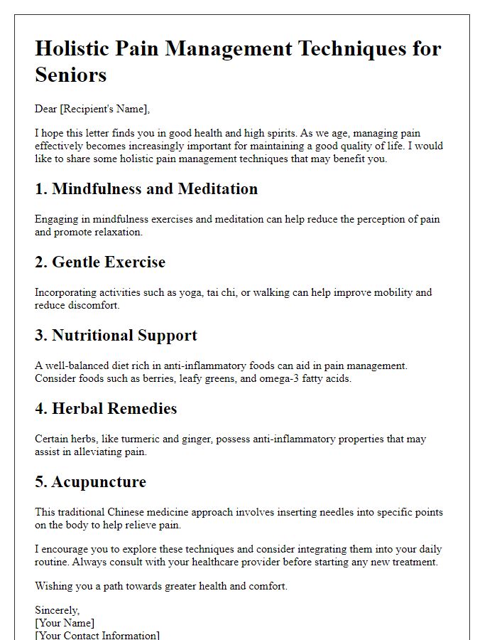 Letter template of holistic pain management techniques for seniors.