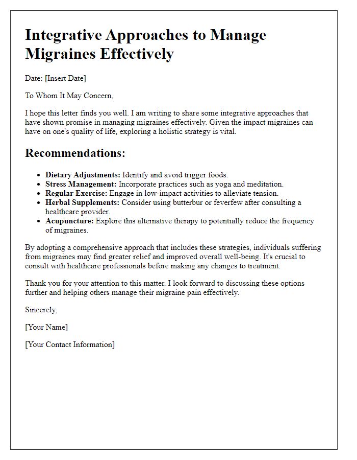 Letter template of integrative approaches to manage migraines effectively.