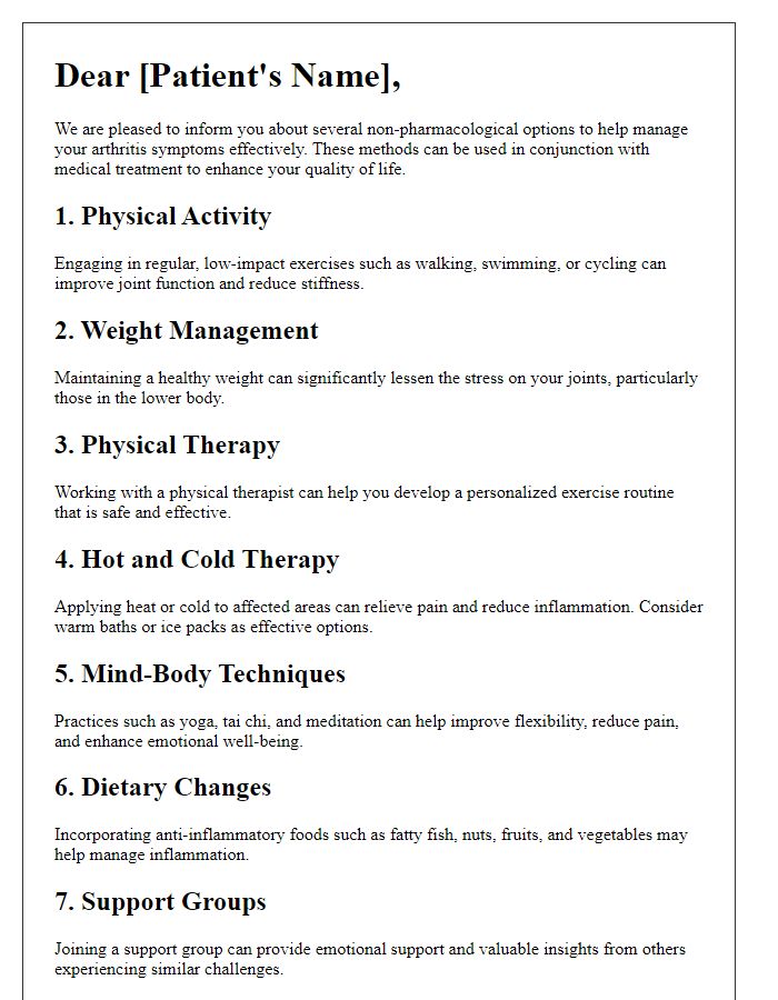 Letter template of non-pharmacological options for arthritis management.