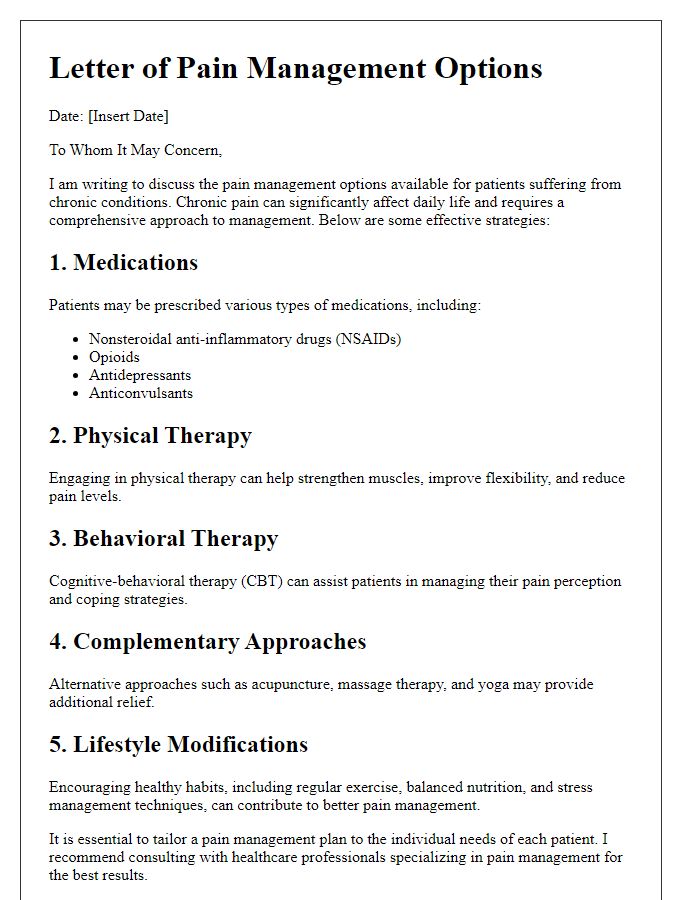 Letter template of pain management options for chronic conditions.