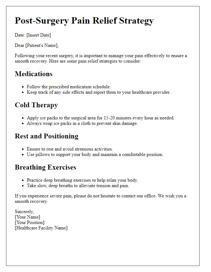 Letter template of pain relief strategies for post-surgery recovery.