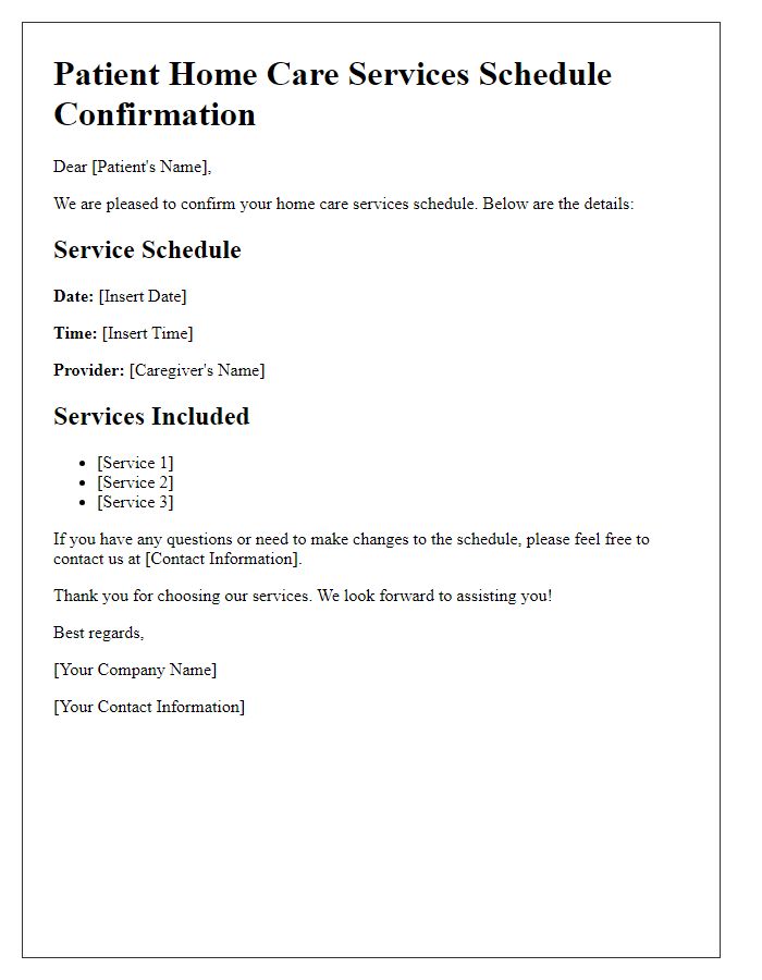 Letter template of patient home care services schedule confirmation