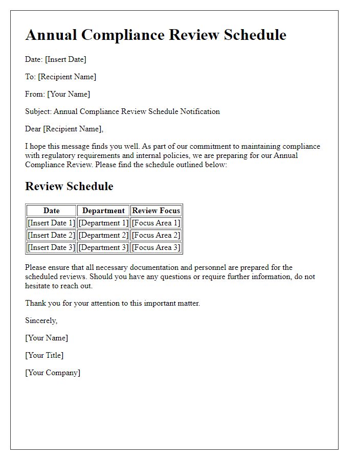 Letter template of Annual Compliance Review Schedule