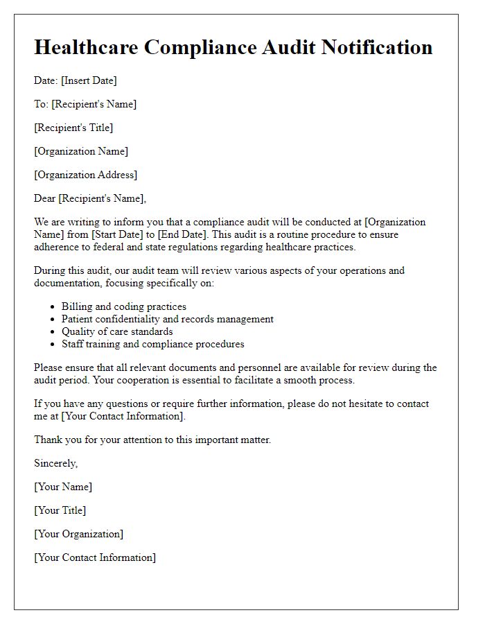 Letter template of Healthcare Compliance Audit Notification