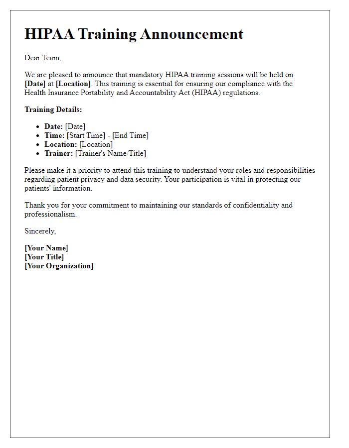 Letter template of HIPAA Training Announcement