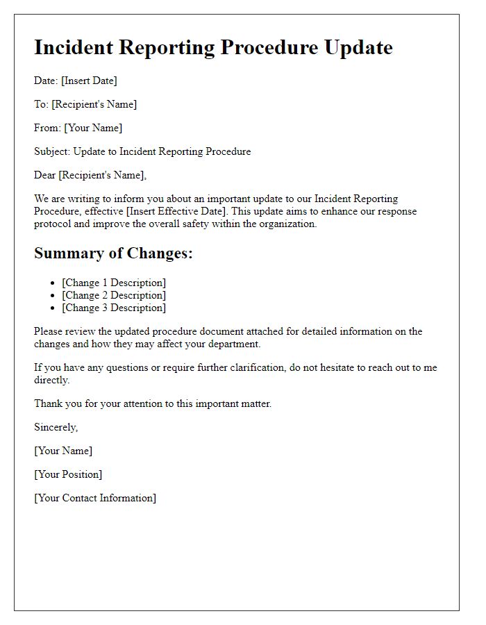 Letter template of Incident Reporting Procedure Update