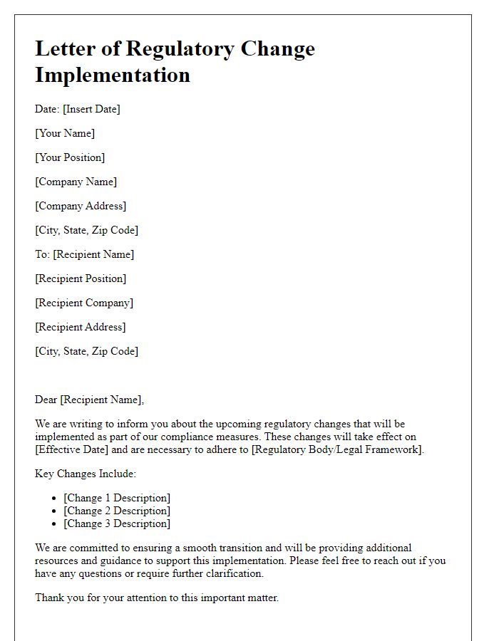 Letter template of Regulatory Change Implementation