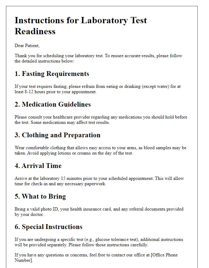 Letter template of detailed instructions for laboratory test readiness.