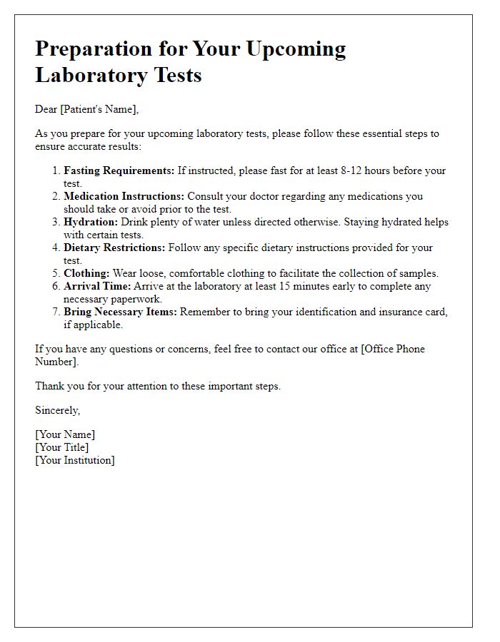 Letter template of essential steps for preparing for laboratory tests.