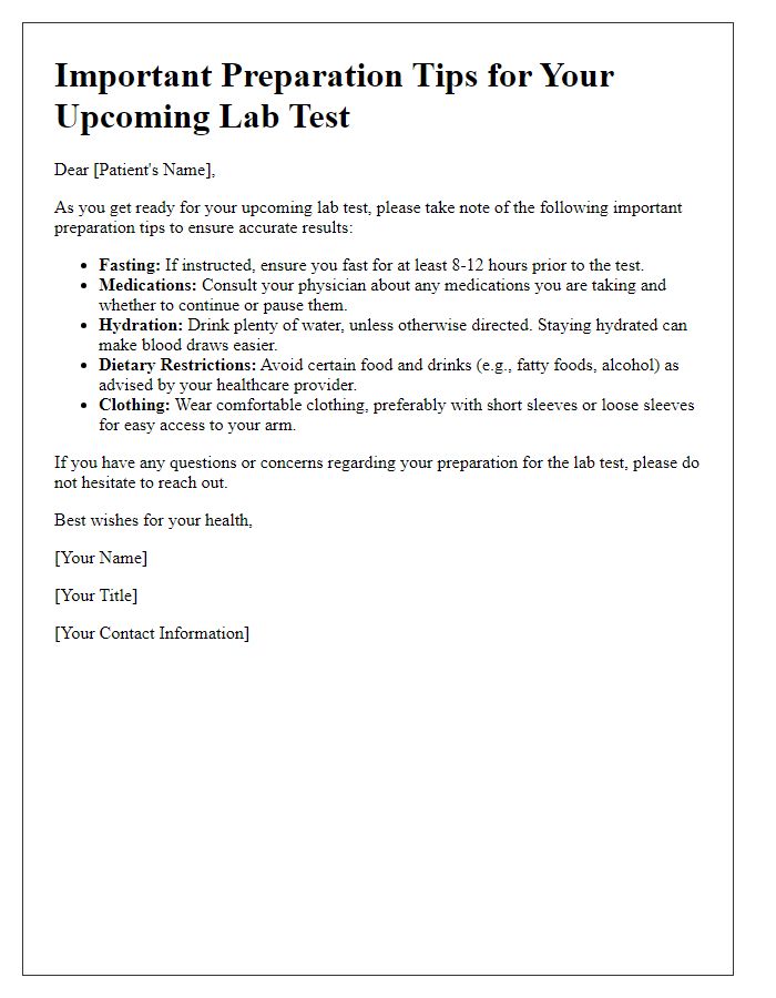 Letter template of important preparation tips for lab testing.