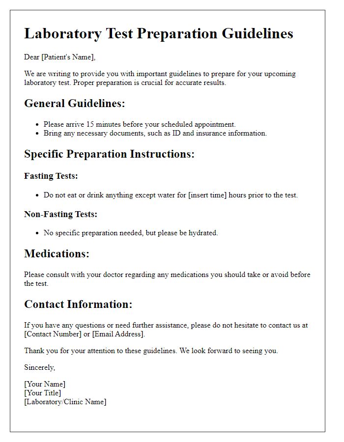 Letter template of laboratory test preparation guidelines for individuals.