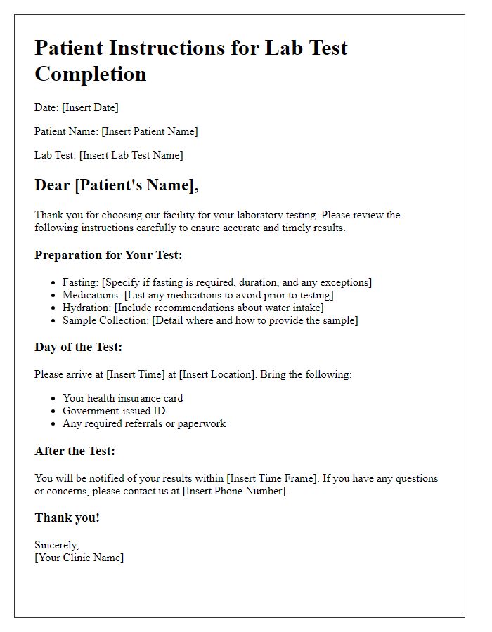 Letter template of patient-focused instructions for lab test completion.