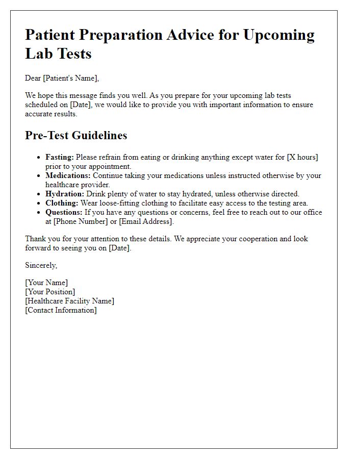 Letter template of patient preparation advice for upcoming lab tests.