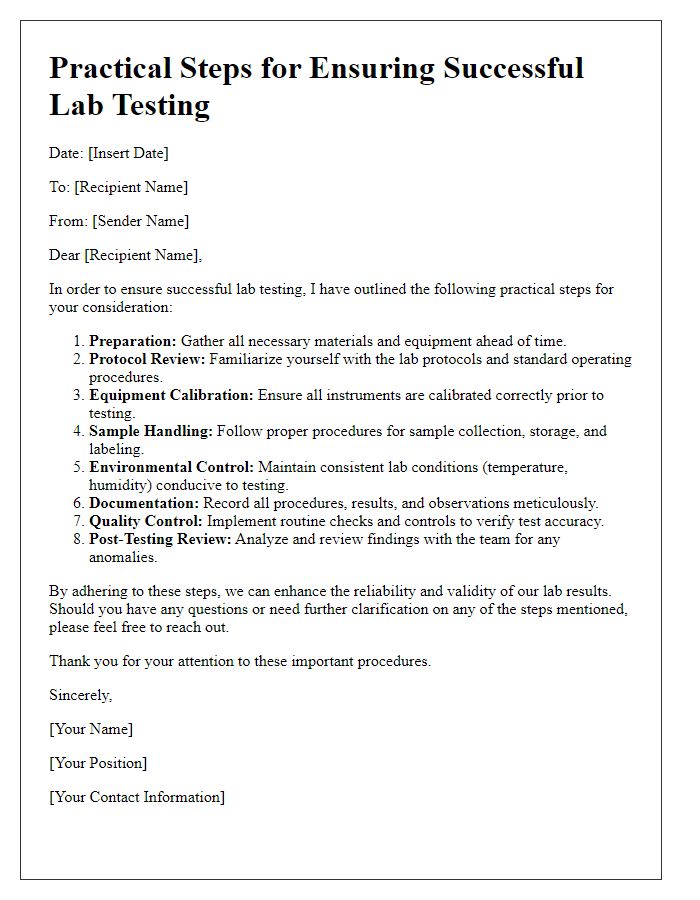 Letter template of practical steps for ensuring successful lab testing.