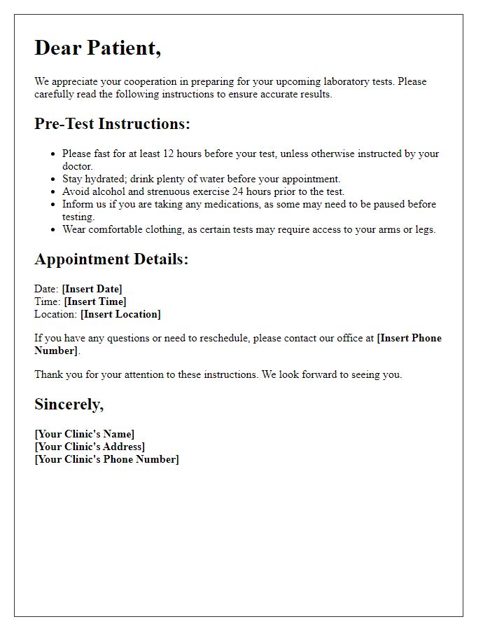 Letter template of pre-laboratory test instructions for patients.