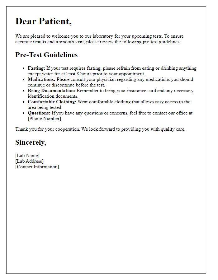 Letter template of pre-test guidelines for patients visiting the lab.