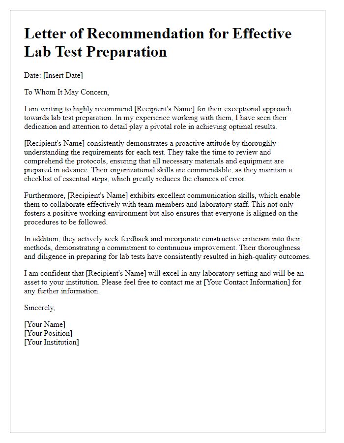 Letter template of recommendations for effective lab test preparation.