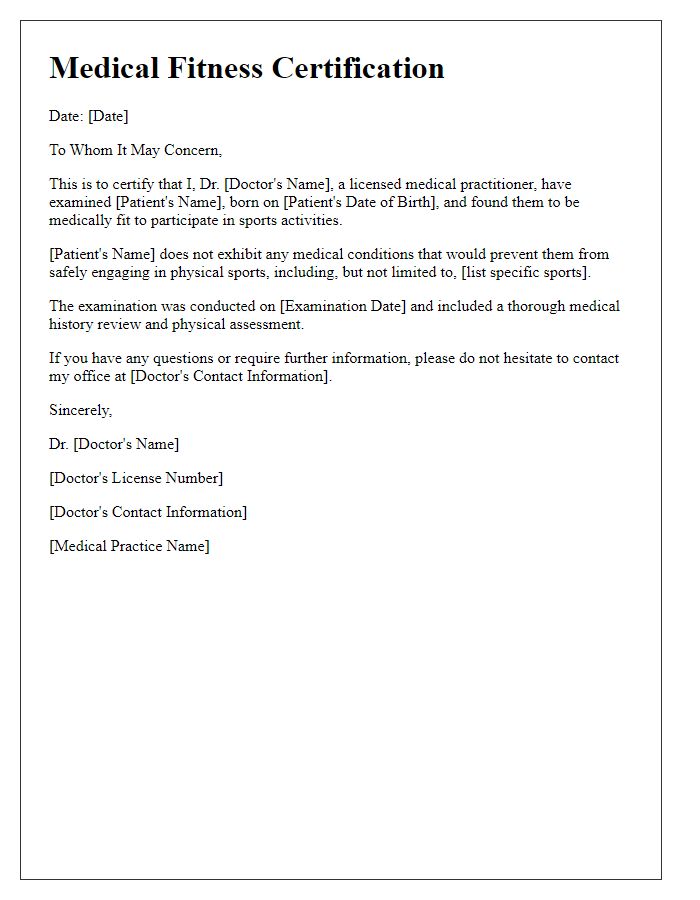 Letter template of medical fitness certification for sports participation