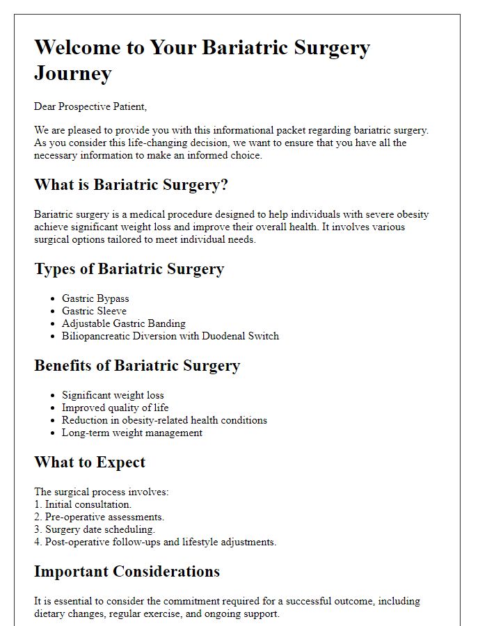 Letter template of bariatric surgery informational packet for prospective patients