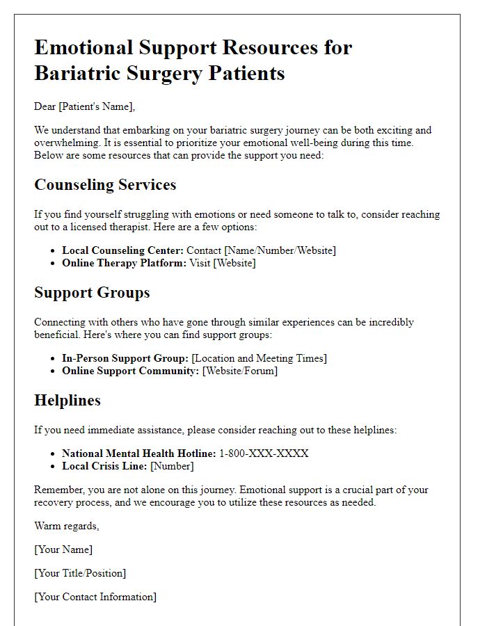 Letter template of emotional support resources for bariatric surgery patients