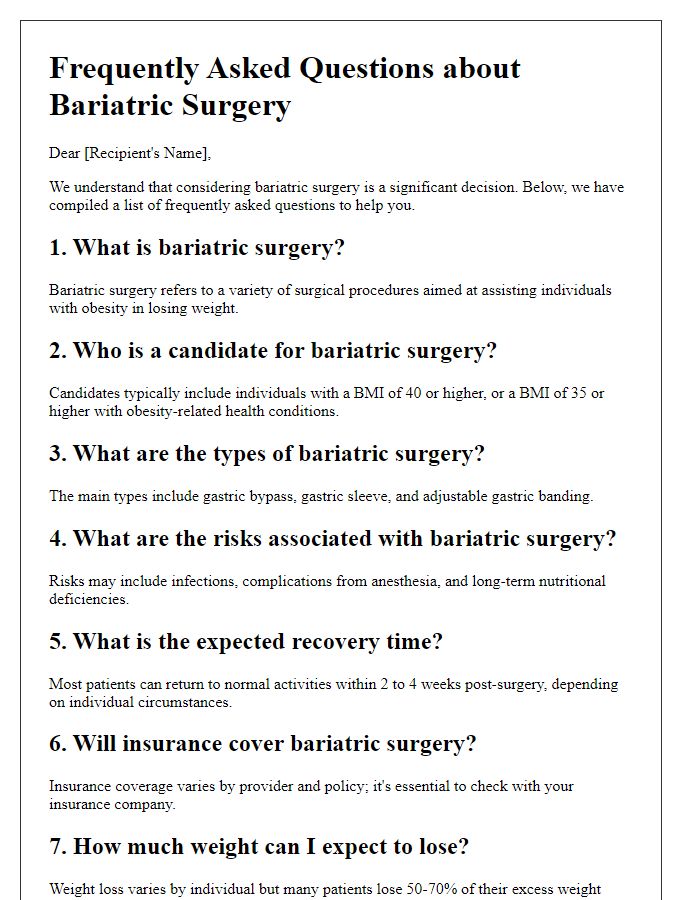 Letter template of frequently asked questions about bariatric surgery