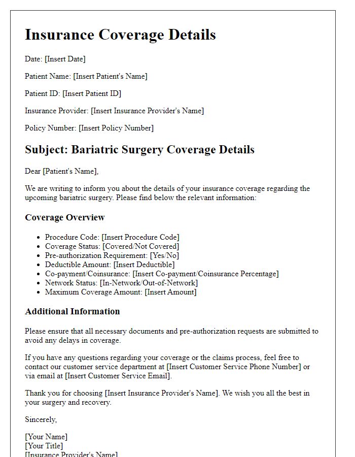 Letter template of insurance coverage details for bariatric surgery