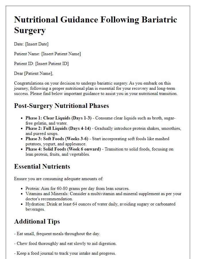 Letter template of nutritional guidance following bariatric surgery