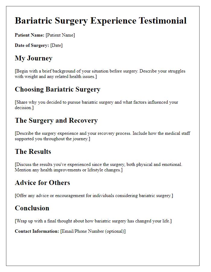 Letter template of patient testimonials for bariatric surgery experiences