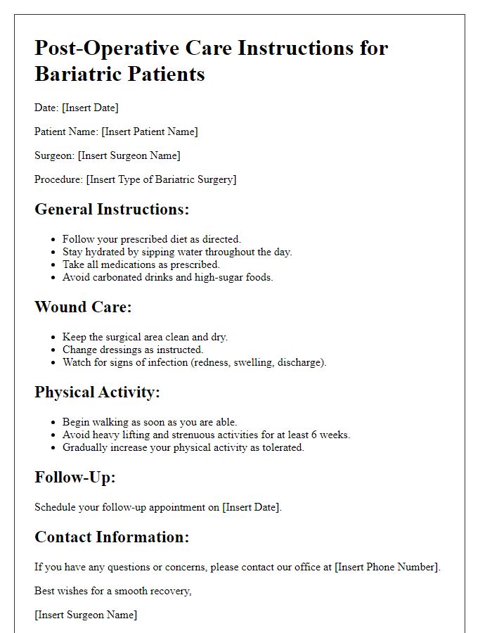 Letter template of post-operative care instructions for bariatric patients