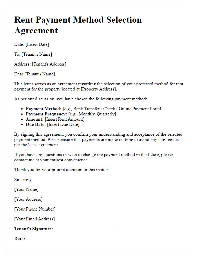 Letter template of agreement for tenant rent payment method selection